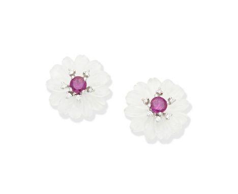 ROCK CRYSTAL, RUBY AND DIAMOND EARRINGSEach designed as a carved rock crystal flowerhead, set with a circular-cut ruby and br