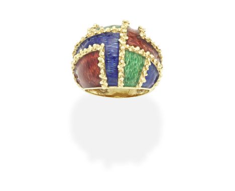 KUTCHINSKY: ENAMEL RING, 1968Of bombé design, decorated with blue, green and red enamel, mounted in 18 carat yellow gold, sig