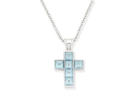 THEO FENNELL: BLUE TOPAZ CROSS PENDANT, 2002Set with step-cut blue topaz, mounted in 18 carat white gold, maker's mark TF, Lo