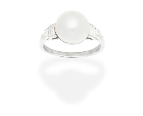 NATURAL PEARL AND DIAMOND RING, CIRCA 1925Set with a 9.9-10.1mm natural pearl between step-cut diamond shoulders, French assa