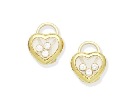 CHOPARD: 'HAPPY DIAMONDS' EARCLIPSEach of heart design with glazed compartment revealing 'floating' brilliant-cut diamonds, s