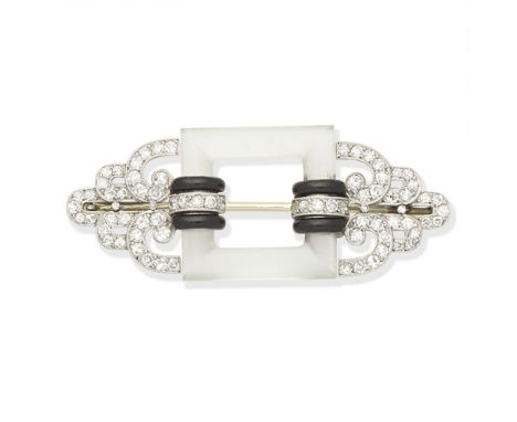 ART DECO ROCK CRYSTAL, ENAMEL AND DIAMOND BROOCH, CIRCA 1925Of geometric design, the openwork square rock crystal plaque acce