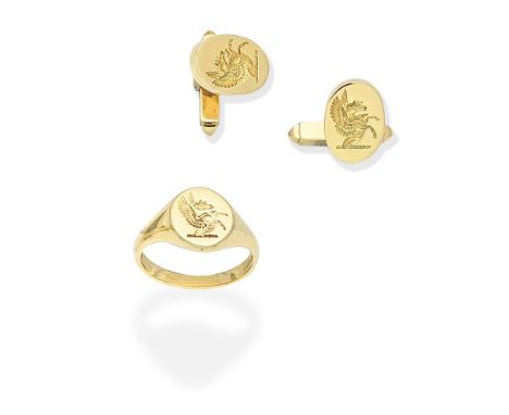 GOLD CUFFLINKS AND SIGNET RING, 1988Single-sided, each engraved with Pegasus Rising, mounted in 18 carat gold, the ring of ma