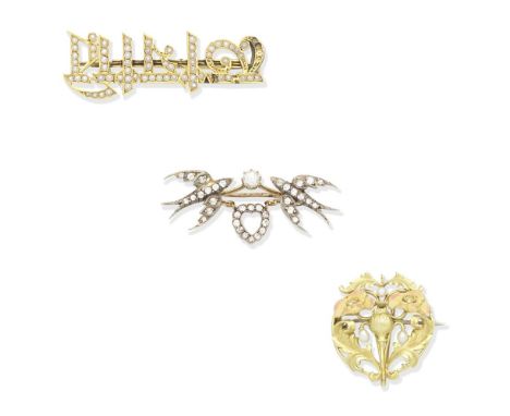 THREE SEED PEARL AND DIAMOND-SET BROOCHES, CIRCA 19001st: Designed as two swallows suspending a heart, set with single and cu