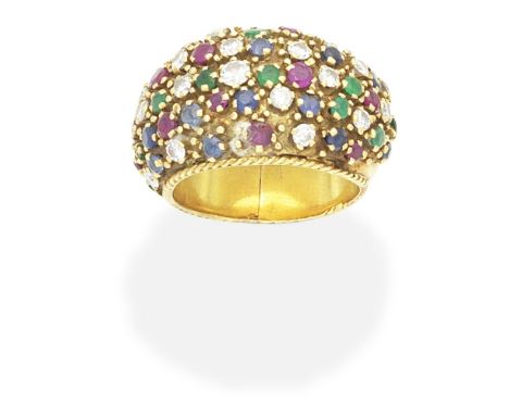 GEM-SET AND DIAMOND DRESS RINGOf bombé design, set with brilliant-cut diamonds and circular-cut sapphires, rubies and emerald