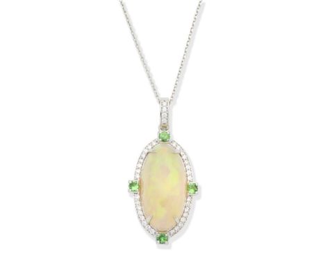 OPAL, DIAMOND AND GREEN GARNET PENDANT/NECKLACEThe oval opal cabochon with a brilliant-cut diamond and green garnet surround,