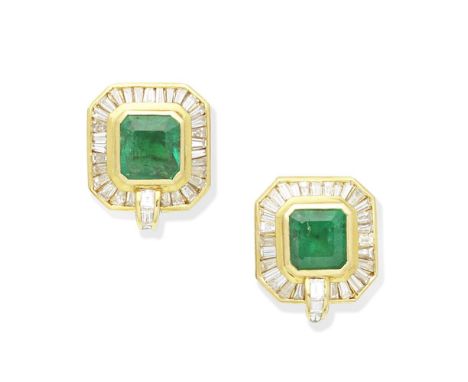 EMERALD AND DIAMOND EARRINGSEach octagonal-cut emerald within a baguette and tapered baguette-cut diamond surround,  diamonds