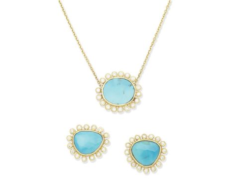 TURQUOISE AND DIAMOND PENDANT AND EARRINGSThe pendant set with a turquoise slice within a brilliant-cut diamond surround, the