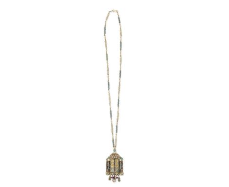 ENAMEL AND GEM-SET PENDANT/NECKLACEThe pendant decorated with polychrome enamel, rose, single, old brilliant and cushion-shap