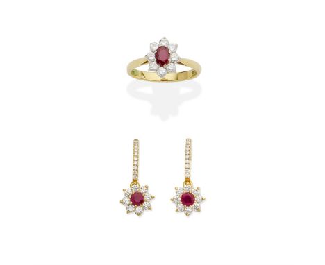 RUBY AND DIAMOND CLUSTER EARRINGS, 2018; RUBY AND DIAMOND RING1st: Each circular-cut ruby within a brilliant-cut diamond surr