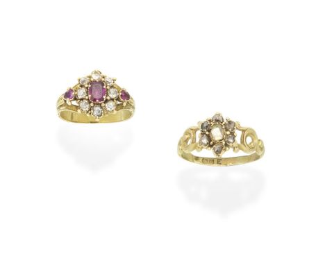 RUBY AND DIAMOND CLUSTER RING, CIRCA 1830; DIAMOND CLUSTER RING, 19TH CENTURY1st: The cushion-shaped ruby within a surround o