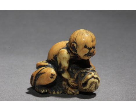 A 19th century Japanese netsuke. Signed on the back. In carved elephant tusk portraying a man holdign with his body and both 