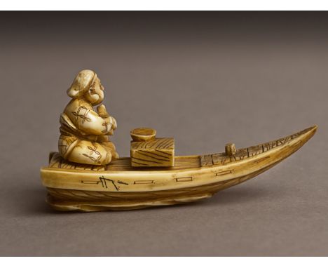 A 19th century Japanese netsuke from Meiji period. Not signed. In carved elephant ivory portraying Daikoku sailing a boat, 31