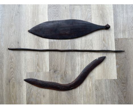 19th Century Boomerang and Paddle Club Boomerang-57cm Club 56cm Arrow -79cm
the boomerang has splits to it and holes were dri