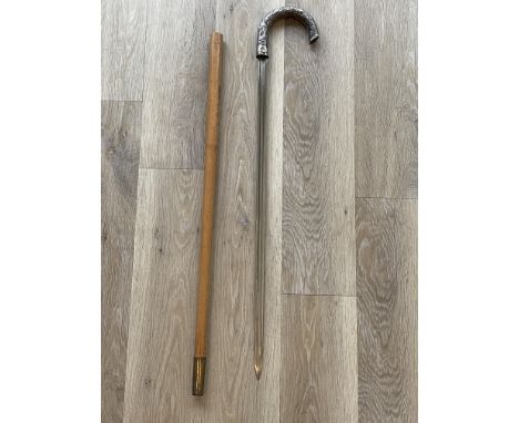 19th C Chinese swordstick, the silver handle with hallmark and with Chinese characters to it, large double fullered blade