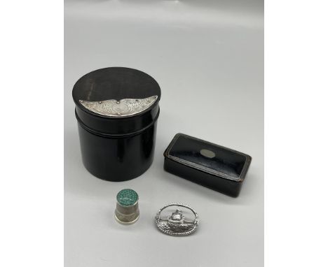 Silver Thimble, Brooch &amp; snuff Box, Ebony Silver Box