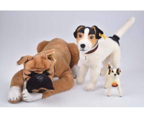   STEIFF 3 Hunde   Hexie Jack Russel, KFS, Nr. 031731, Boxer Hector, KF, Nr. 4045/ 50, Miniatur Jack Russel, KS, 2x Mohair, 1