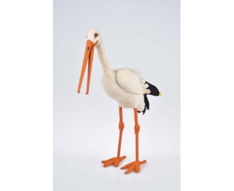   STEIFF Storch Adebar   Mit Knopf, gelbe Fahne, Nr. 1135, weiße US-Zonen Fahne - Made in US-Zone Germany, Filz weiß/orange/s