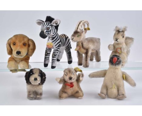   STEIFF 7 Tiere   Rocky, KFS, Nr. 1314,00, 14 cm, Ossi, KF, Pinguin, KF, 12 cm, Possy, mit Schild, Biber, KF, Nr. 2129/01, B