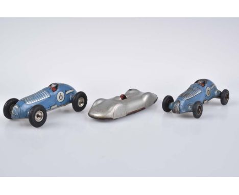   GAMA/ PENNYTOY 3 Rennfahrzeuge   2x Rennwagen Nr. 107, Made in Western Germany, Blech, blau, 9 cm, Friktionsantrieb, 1x Fri