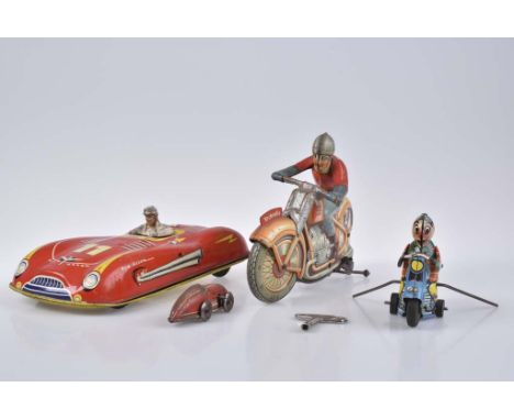  Los Blechspielzeug, 4 Teile   TECHNOFIX Stürzender Motorradfahrer 255, 1930-1958, H 11 cm, L 17,5 cm, Uhrwerkantrieb, ff, W