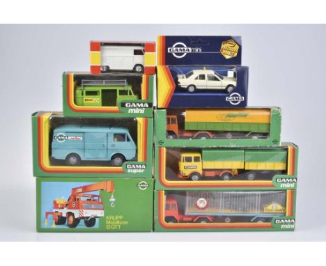   GAMA MINI 8 Modellfahrzeuge   Made in W. Germany, Metall, Kunststoffteile, M1:43, No. 9405 Mobilkran, No. 9272 Pritschen Lk