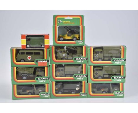   GAMA MINI 11 Militärfahrzeuge   Made in W. Germany, Metall, Kunststoffteile, M1:43, M 1:42, 2x No. 90397 Jeep mit Feldküche