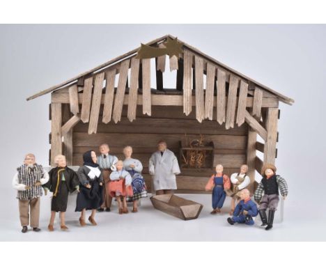  STEIFF Krippenstall   Holz, H 35 cm, dazu 11 Biegepüppchen, Masseköpfe, bemalt, 10 - 13 cm, Z 1-2          