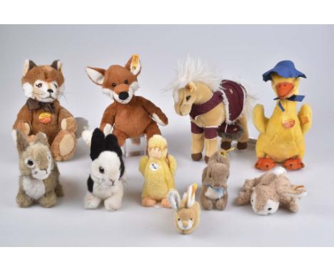   STEIFF 9 Tiere   Webpelz, 4x KFS, sonst KF, 2 Füchse, Nr. 282041 u. 081743, 2 Enten, Nr. 6203/26 u. 073335, Pony, Nr. 07063