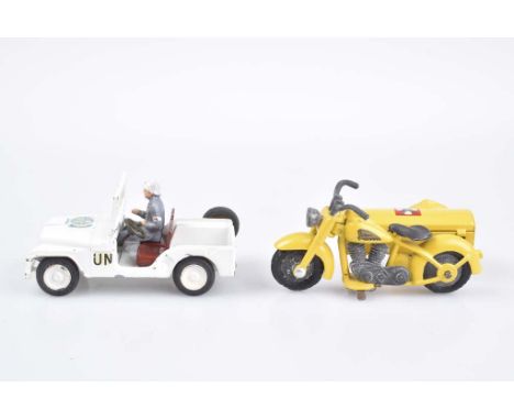   TEKNO 2 Modellfahrzeuge   Metall, M 1:43, Made in Denmark, Motorrad Harley Davidson mit Beiwagn und 814 Willys Jeep U.S. Ar