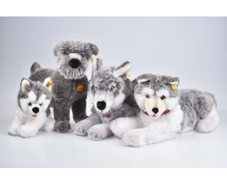   STEIFF Wolf und 3 Hunde   Wolf, KFS, Nr. 069260, 2 Huskys, 2x KF, Nr. 0460/ 45, 083600, Hexie Schnauzer, KFS, Nr. 078842, W