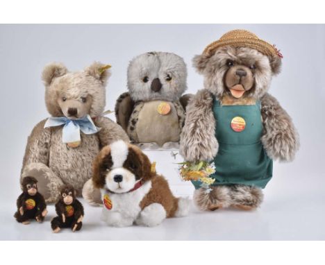   STEIFF 2 Teddybären + 4 Tiere   Original Teddybär, KFS, Nr. 0202/41, Maskengesicht, Mohair, caramel, 5-fach gegliedert, Bru
