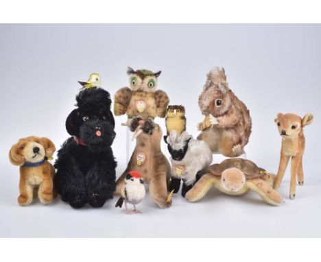   STEIFF 11Tiere   Walross , KFS, Nr. 031267, Schildkröte, KF, Hund, KF, Heideschaf Snucki, KS, Rehkitz, K, Uhu Wittie, S, Ei