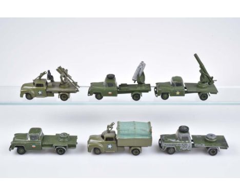   VILMER 6 Militärfahrzeuge   Denmark, 50er - 60er Jahre, Metall/ Kunststoffteile, grün/schwarz, L 11-12 cm, 2x U.S. Army Tru