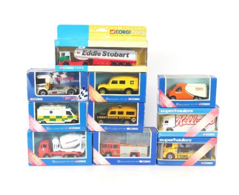 Ten Corgi Super Hauliers vehicles to include Eddie Stobart, tanker truck, Volvo fire engine, AA and Coastguard patrol vehicle