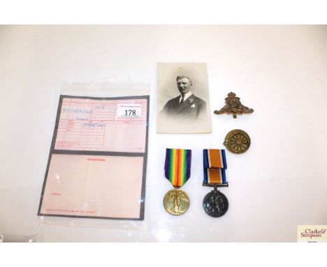 WWI BWM and Victory medals to 102845 Dvt. O. Mothersole R.F.A. with portrait photograph and badges 