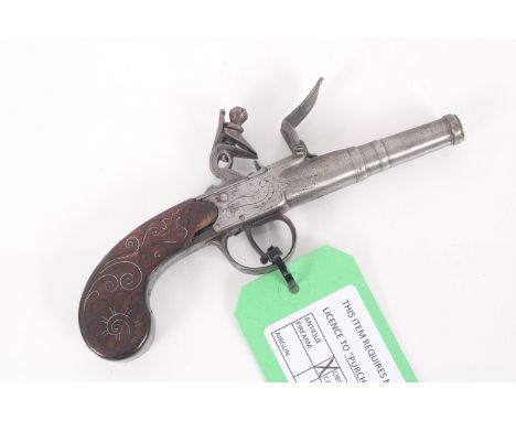 A C1800 flintlock turn-off "Cannon Barrel" pistol, slab sided grip having silver wire work and lock marked London, 8" overall