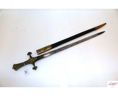 A Victorian band sword, with brass mounted leather scabbard