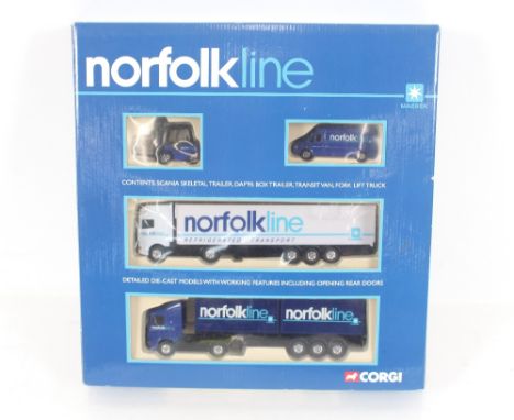 A Corgi Norfolk Line Scania skeletal trailer DAF 95, box trailer, transit van, fork lift truck (boxed)