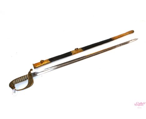 A Victorian Naval officers sword with brass mounted leather scabbard