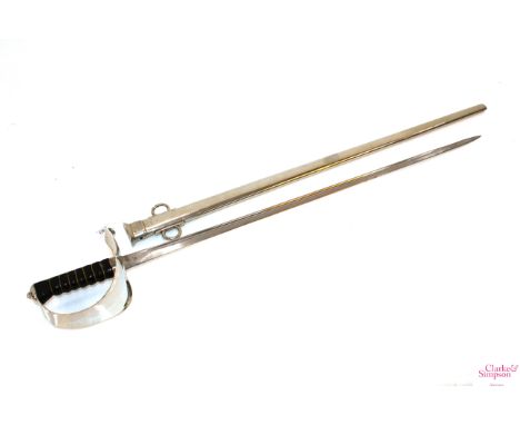 A British model 1908 Cavalry sword with scabbard. Blade marked PO8 2/16 etc. (NB seems to have been plated / reconditioned at