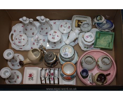 A quantity of small china items including dressing table set (a/f), Pallisy pin trays and pot, Crown Devon Vases, Aynsley, et