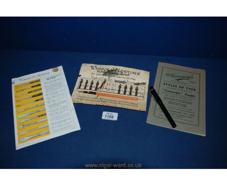 A gold nibbed fountain pen, a Windsor & Newton Manuscript pen, nibs and pen and two booklets on styles of type and paintbrush