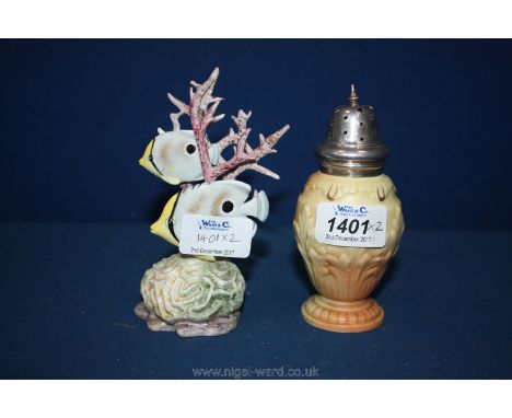 A Locke Worcester 1895-1900 Sugar Shaker in moulded blush colour, 5" tall together with a very rare Royal Worcester four-eyed