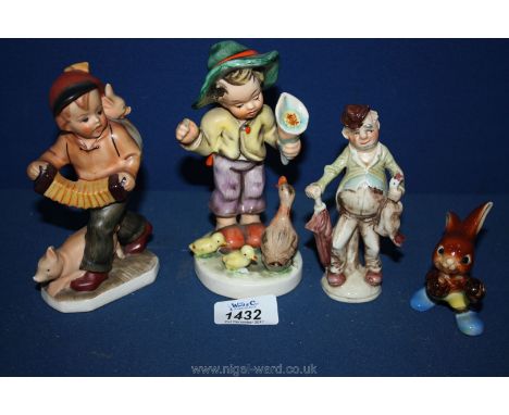 Two Freidel hand painted figures, one of little boy with piglets playing a squeeze box and a little boy with ducks a/f, a Ger