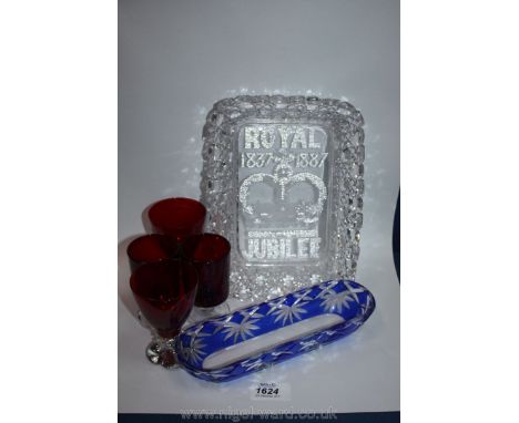 Four ruby glass drinking Glasses, a blue & clear glass tray and a Queen Victoria Jubilee glass dish