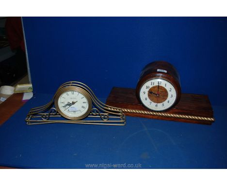 A Mahogany cased drum and slab Mantel Clock with modern quartz movement, 18 1/2" wide x 8 3/4" high, and a Brass Clock.