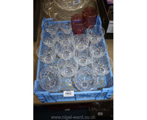 Twelve Royal Brierley crystal red and white wine Glasses, boxed with two Brandy glasses and two etched ruby wine glasses.