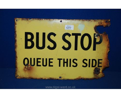 A 1940's Enamel Bus Sign ''Queue this Side''