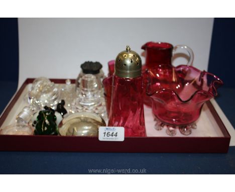 A quantity of Cranberry and clear glass including sugar sifter with Epns lid, fluted bowl, jug (a/f), green glass frog, panda